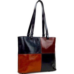 PATRICIA NASH Full Grain Leather Braden Tote Bag in Black Tan Colorblock NWT